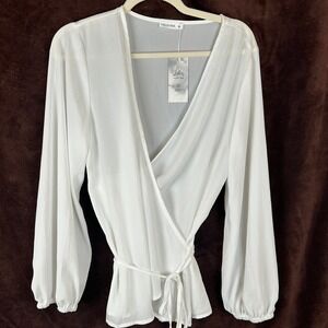 NWT Flowy White Long Sleeve Wrap Blouse V-Neck Bishop Sleeve Size M Lollo Vita